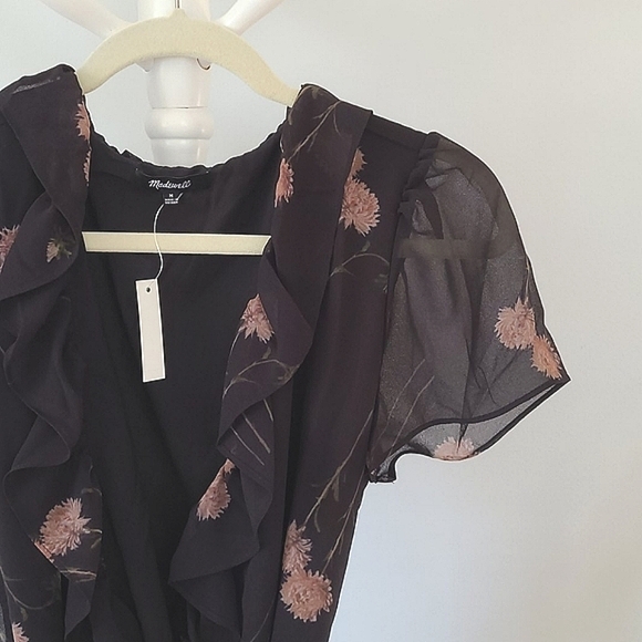 MADEWELL Black & Pink Floral Georgette Sheer Wrap Midi Dress - Picture 6 of 14